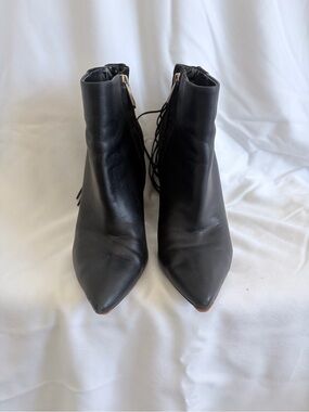 Sam Edelman Leather Black Pointed Toe Ankle Booties with Fringe